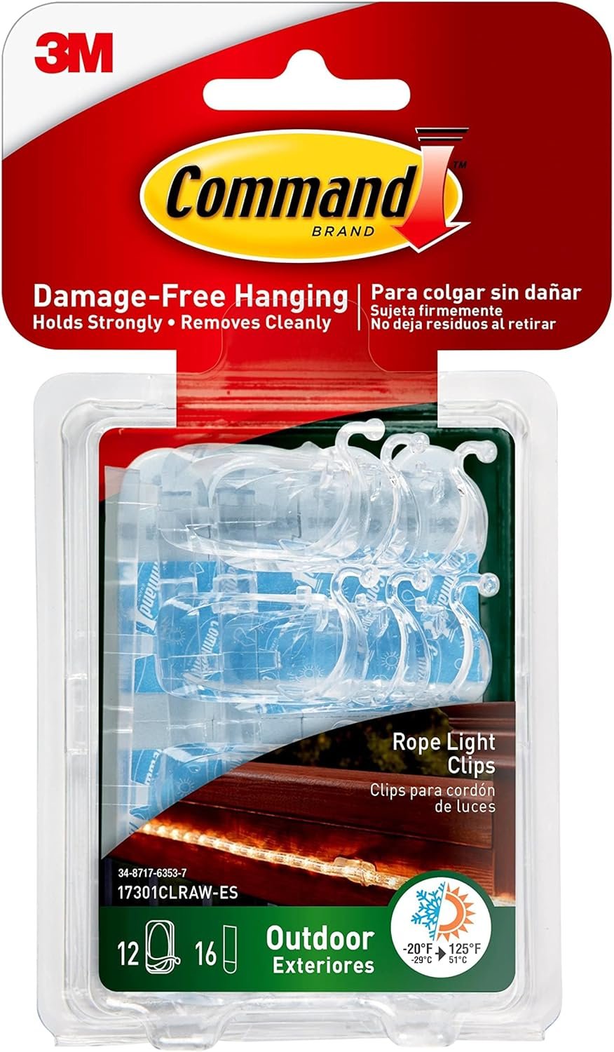 Command Outdoor Rope Light Clips, 12 Hooks and 16 Command Strips